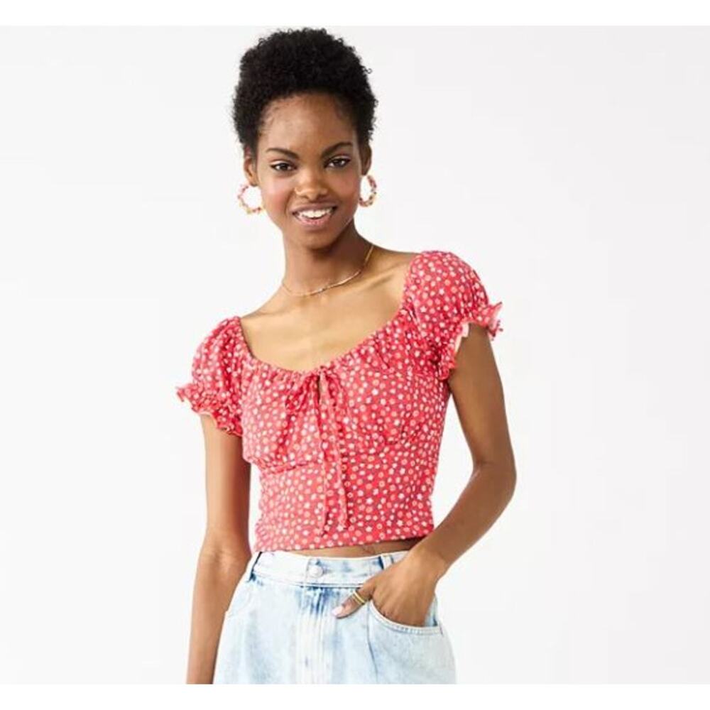 💜3/$25 💜 Puff Sleeve Crop TOP Juniors PLUS XXL 19 Ditsy Red Floral Blouse NEW